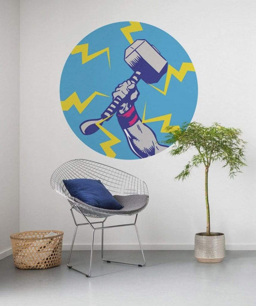 Komar Avengers Thors Hammer Pop Art Self Adhesive Wall Mural 128x128cm Round Ambiance | Yourdecoration.co.uk