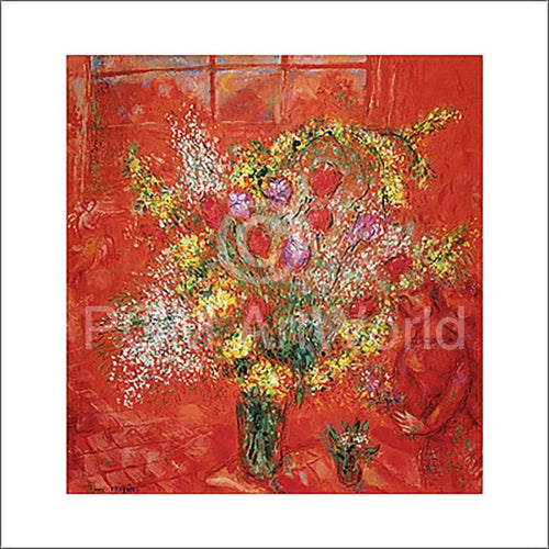 Marc Chagall Fleurs sur fond rouge Art Print 70x70cm | Yourdecoration.co.uk